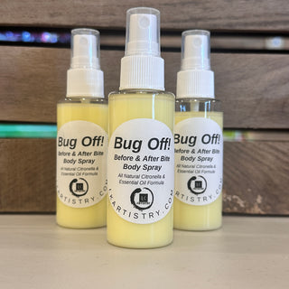 All-natural Bug Off! before and after bite body spray made with citronella and essential oils, shown in spray bottles by LK Artistry Skincare
